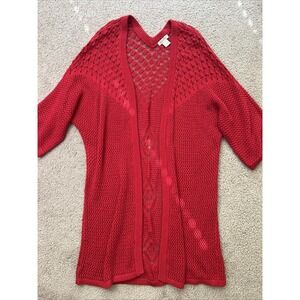 Lucky Brand Womens XL Red Crochet Cardigan Open Knit Long Duster Cotton